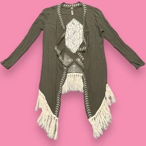 Entro Boho Beach Open Front Tassel Embroidered Lace Floral Cardigan Size M
